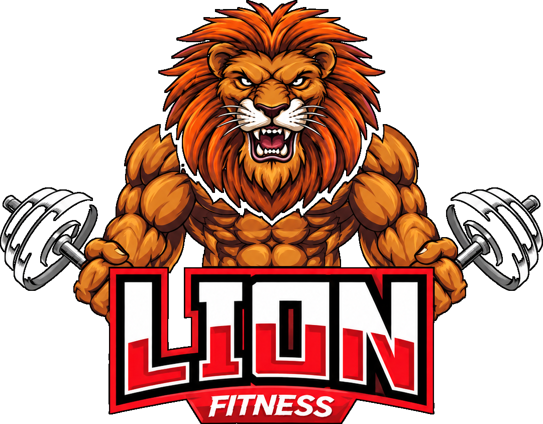 Mascote do Lion Fitness: leão musculoso segurando halteres sobre o nome da marca.